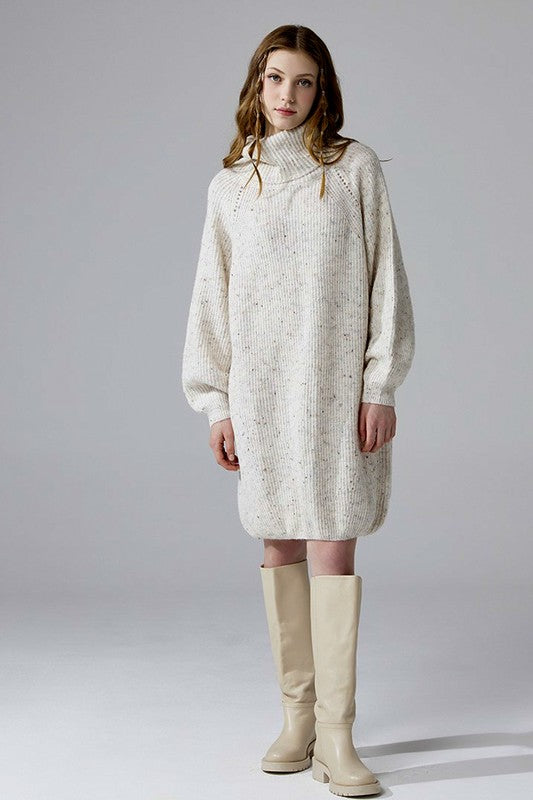 Front view ivory balloon confetti turtleneck sweater dress, long sleeve