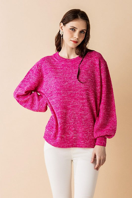 Plus size front view Fuchsia Rox Neck Balloon Sleeve Sweater.