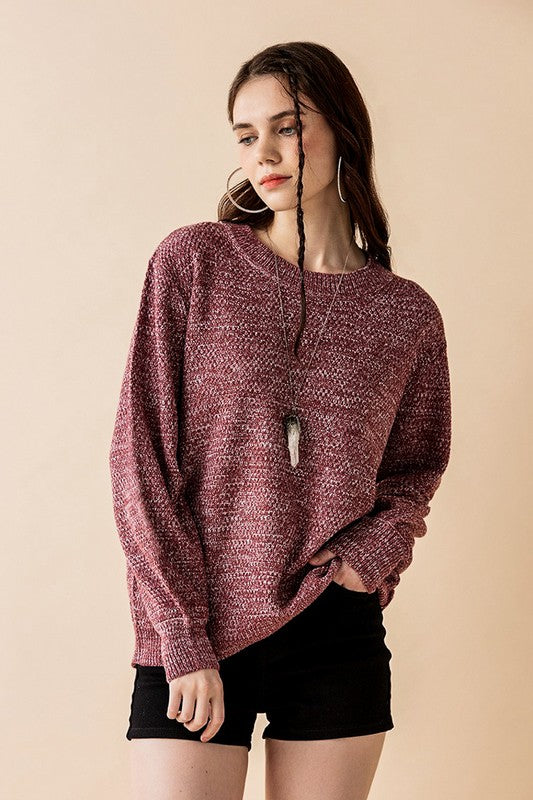 Plus size front view Marsala Rox Neck Balloon Sleeve Sweater knit.