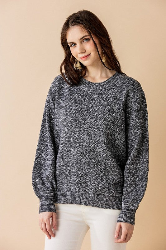 Plus size front view Charcoal Rox Neck Balloon Sleeve Sweater.