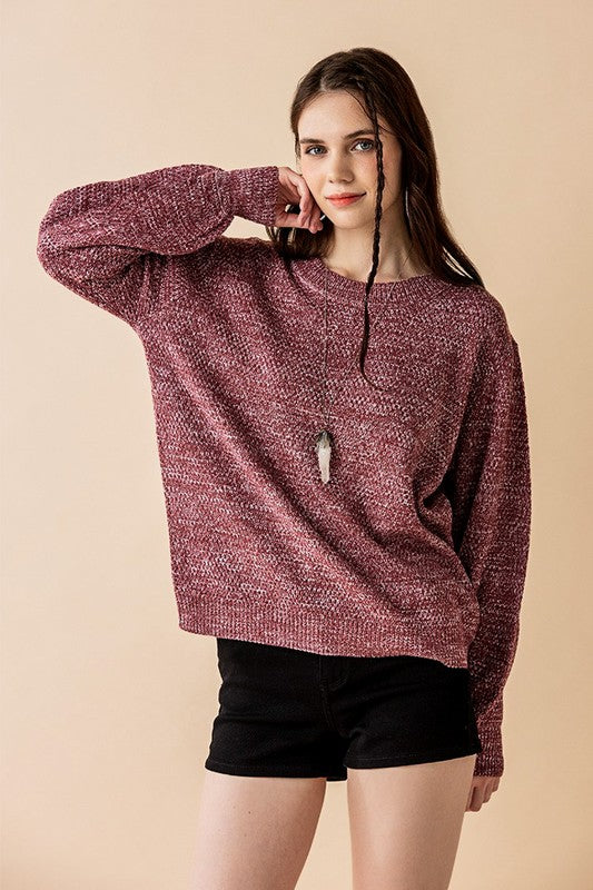 Plus side angle Marsala heathered balloon sleeve knit sweater.