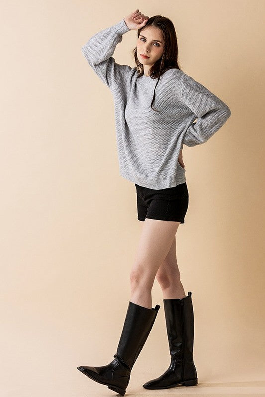 Plus side angle Heather Gray heathered knit balloon sleeve sweater.