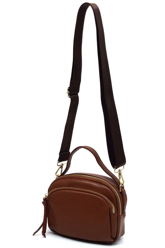 Brown Cadie Crossbody Bag with gold-tone hardware, zip-top closure, and detachable shoulder strap, shown for length