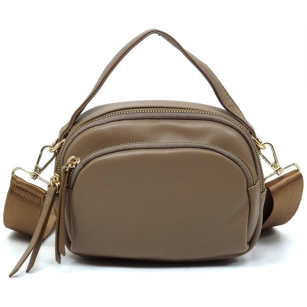 Front view of the stone Cadie Top Handle Crossbody Bag with gold-tone hardware and structured top handle