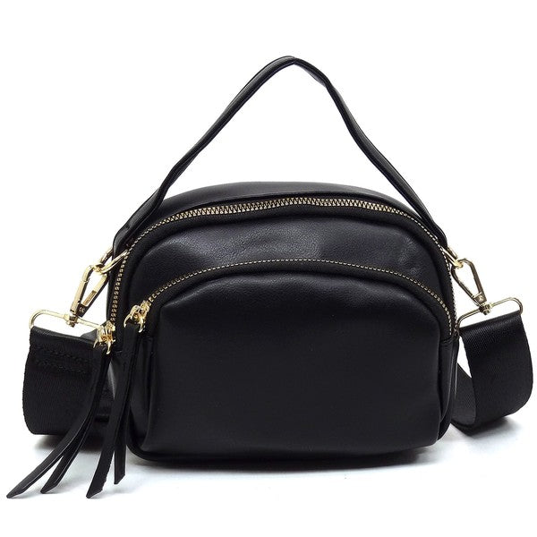 Front view of the black Cadie Top Handle Crossbody Bag with gold-tone hardware and structured top handle
