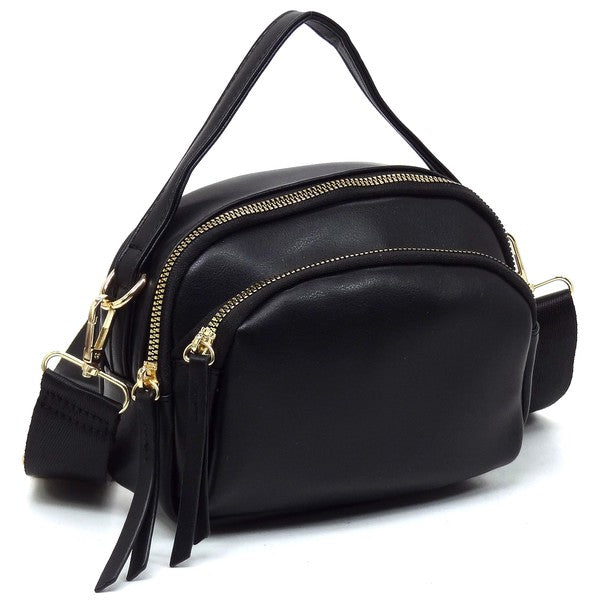 Black Cadie Top Handle Crossbody Bag with gold-tone hardware, zip-top closure, and detachable strap, shown at an angle
