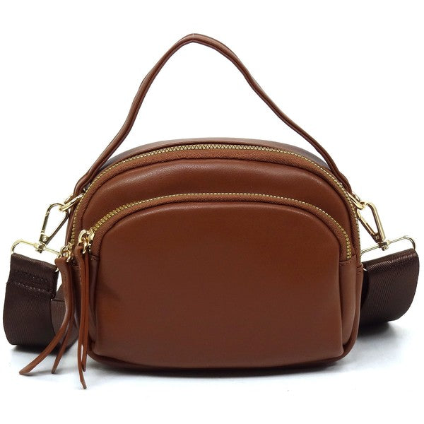Front view of the brown Cadie Top Handle Crossbody Bag with gold-tone hardware and structured top handle