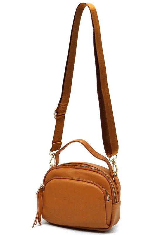 Tan Cadie Top Handle Crossbody Bag with detachable shoulder strap attached, showing strap length and gold-tone hardware