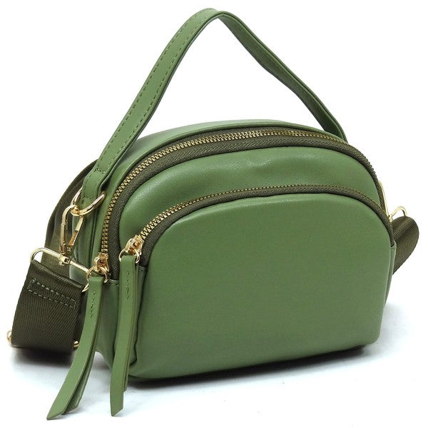 Sage Cadie Crossbody Bag angled view with gold-tone hardware, zip-top closure, and detachable shoulder strap