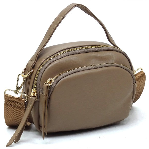 Stone Cadie Crossbody Bag angled view with gold-tone hardware, zip-top closure, and detachable shoulder strap