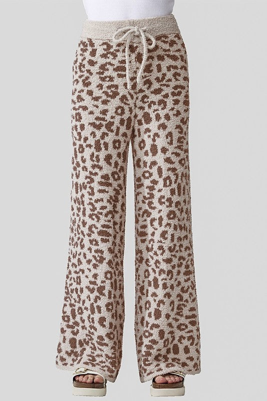 Aleah Plus Size Leopard Lounge Pants in cream with camel leopard spots and soft fuzzy knit