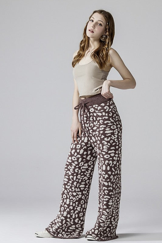 Aleah Plus Size Leopard Lounge Pants in coco with cream leopard pattern and cozy fuzzy fabric