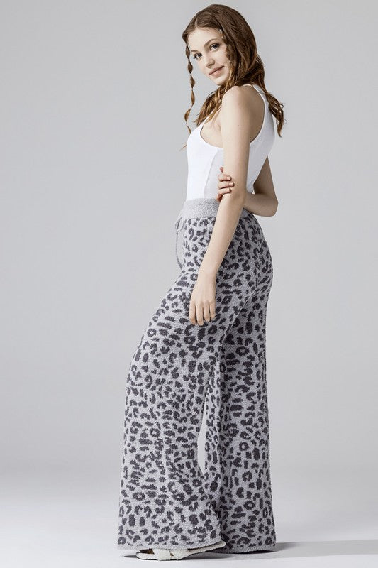 Aleah Plus Size Leopard Lounge Pants in light grey with charcoal spots, side view showing wide leg
