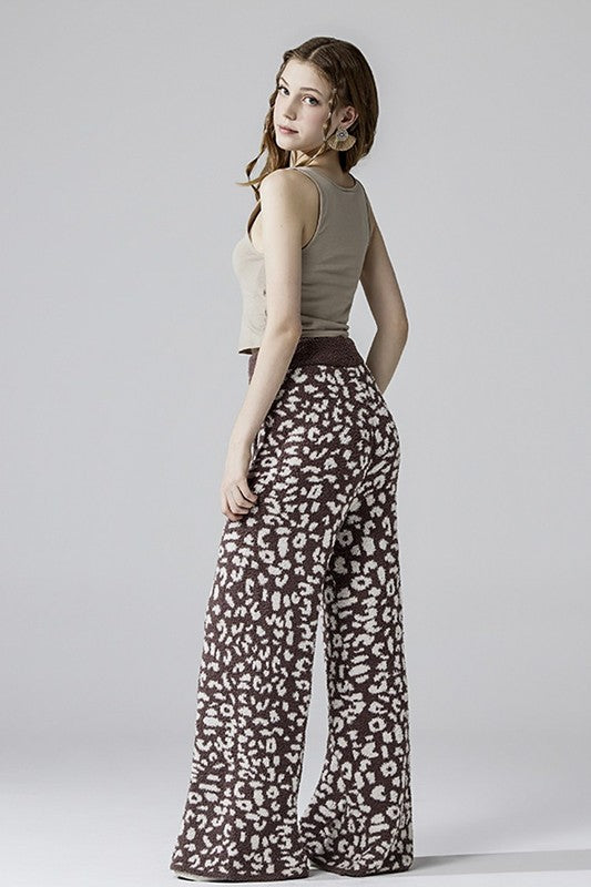 Aleah Plus Size Leopard Lounge Pants in coco with cream spots, back view highlighting relaxed fit