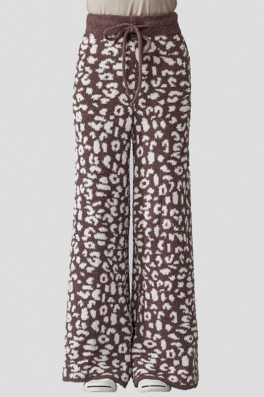 Aleah Plus Size Leopard Lounge Pants in coco with cream leopard spots and drawstring waist