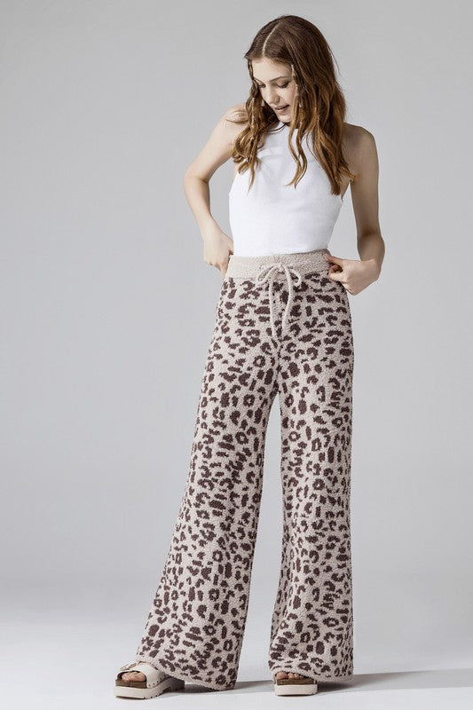Aleah Plus Size Leopard Lounge Pants in taupe with coco leopard print and sweater knit fabric