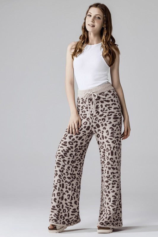 Aleah Plus Size Leopard Lounge Pants in taupe with coco spots and adjustable drawstring waist