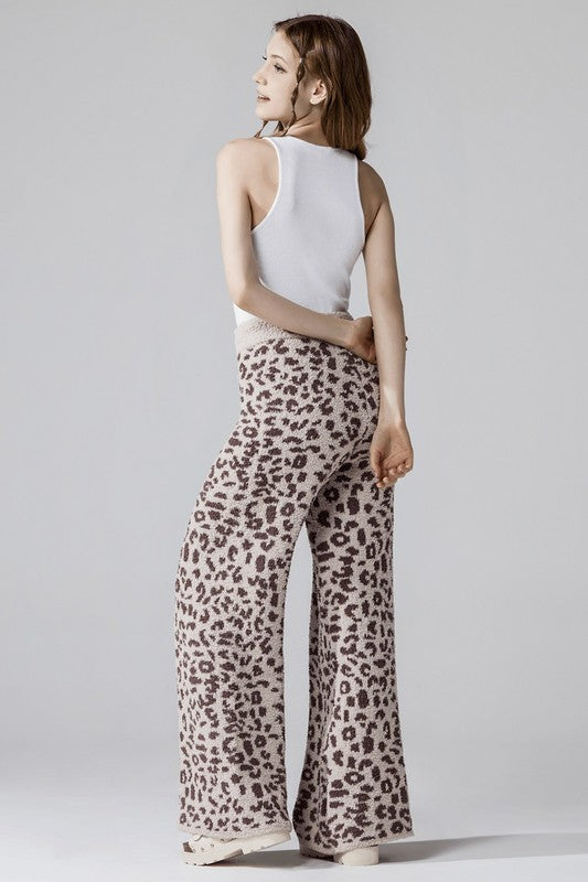 Aleah Plus Size Leopard Lounge Pants in taupe with coco leopard print, back view with wide leg
