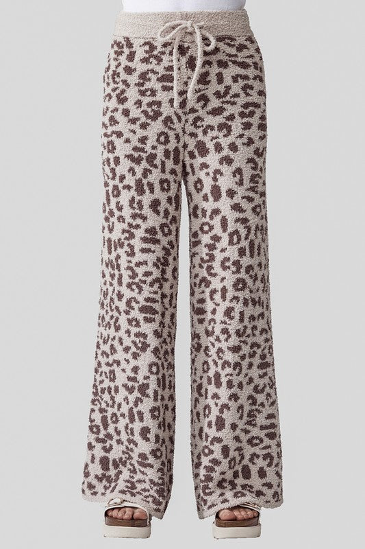 Aleah Plus Size Leopard Lounge Pants in taupe with coco leopard spots and soft fuzzy knit