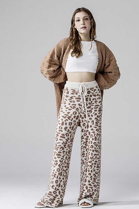 Aleah Plus Size Leopard Lounge Pants in cream with camel spots and relaxed wide leg fit