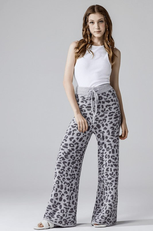 Aleah Plus Size Leopard Lounge Pants in light grey with drawstring waist and relaxed fit