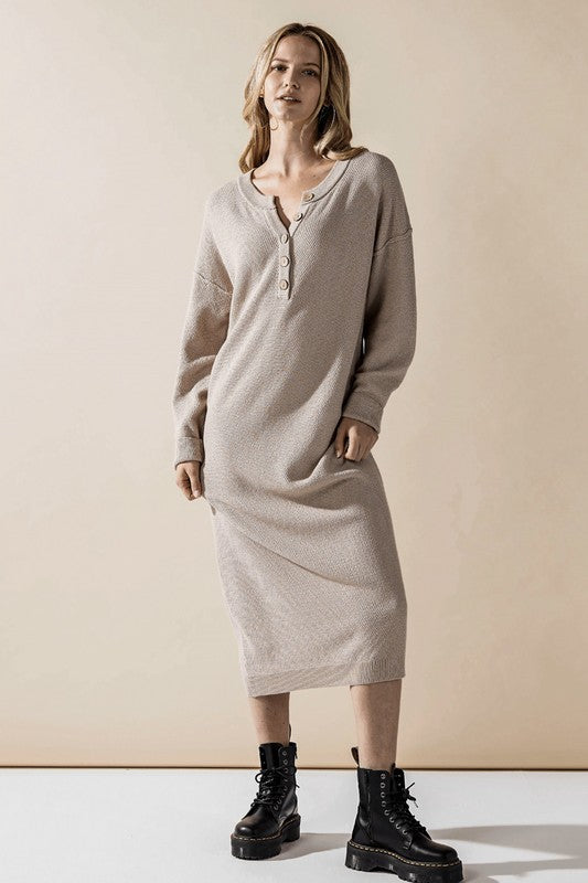 Plus Size Sweater Dress in taupe knit with button-front neckline.