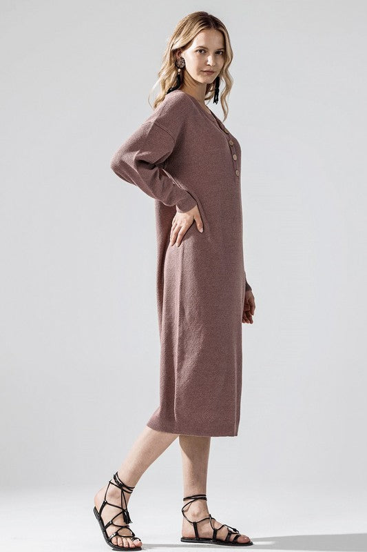 Margot Plus Size Sweater Dress in coco knit with dropped shoulder design and soft texture.