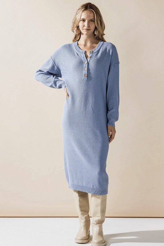 Margot Sweater Dress in light blue knit with breathable stretch fabric.