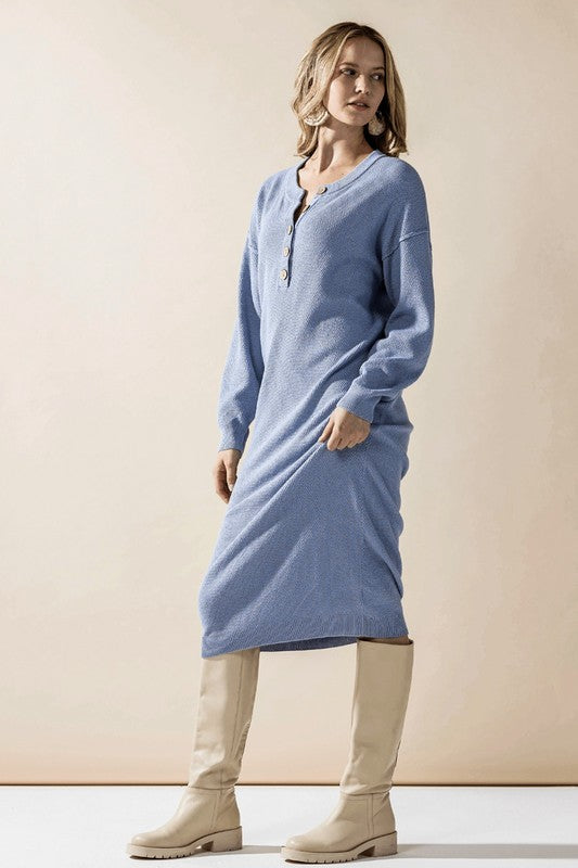 Margot Sweater Dress highlighting relaxed midi silhouette in light blue.