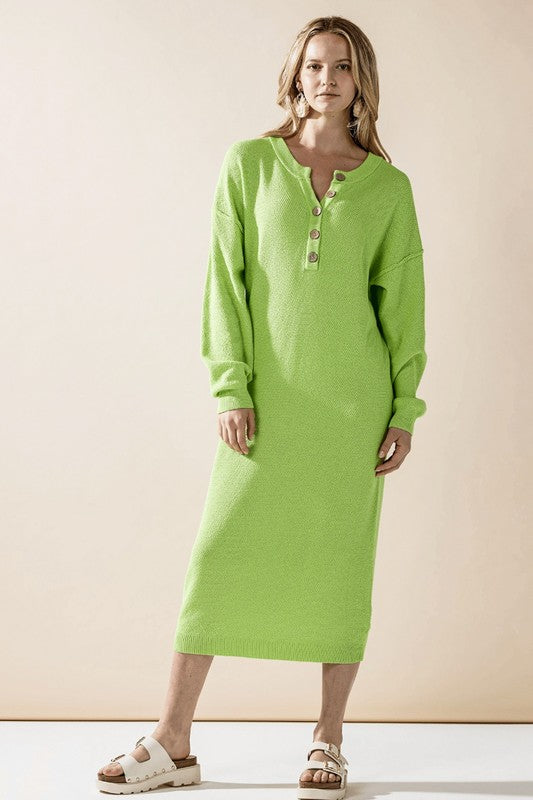 Margot Sweater Dress in lime green knit with coconut button-front neckline.