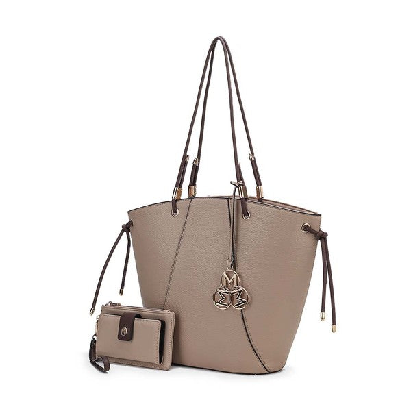 Taupe MKF Liv Tote Bag & Wallet Set with structured silhouette, gold hardware.