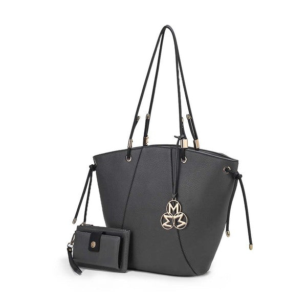 Charcoal MKF Liv Tote Bag & Wallet Set, smooth vegan leather and gold details.
