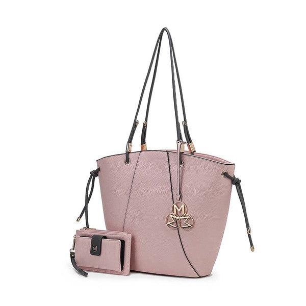 Pink MKF Liv Tote Bag & Wallet Set, smooth vegan leather, gold-tone accents.