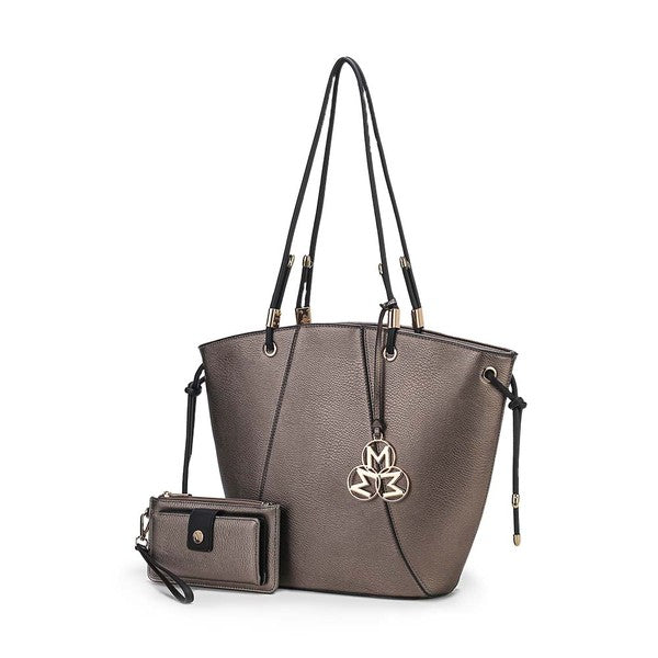 Pewter MKF Liv Tote Bag & Wallet Set with gold hardware, classic tote design.