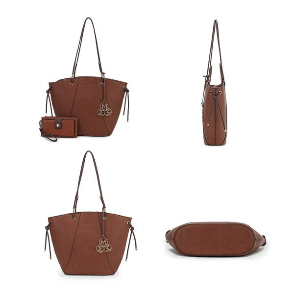 Collage of brown MKF Liv Tote Bag showing front, side, back, and bottom views.