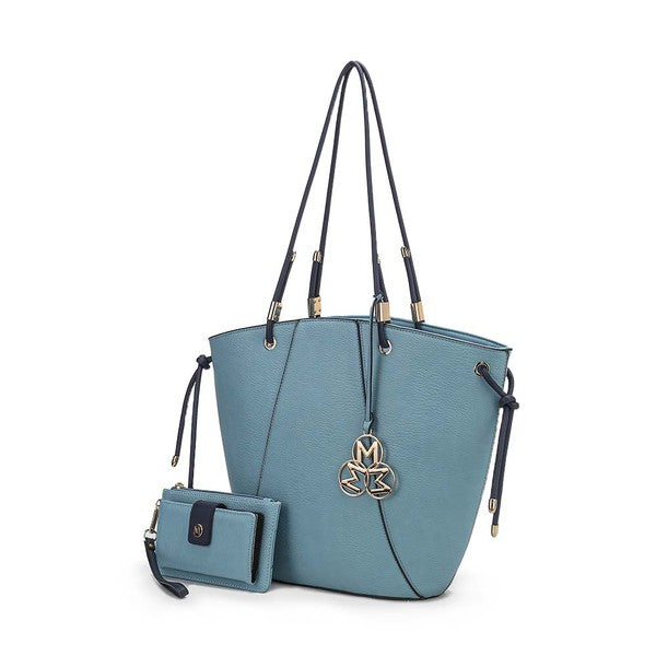 Denim MKF Liv Tote Bag & Wallet Set with gold-tone hardware, structured shape.