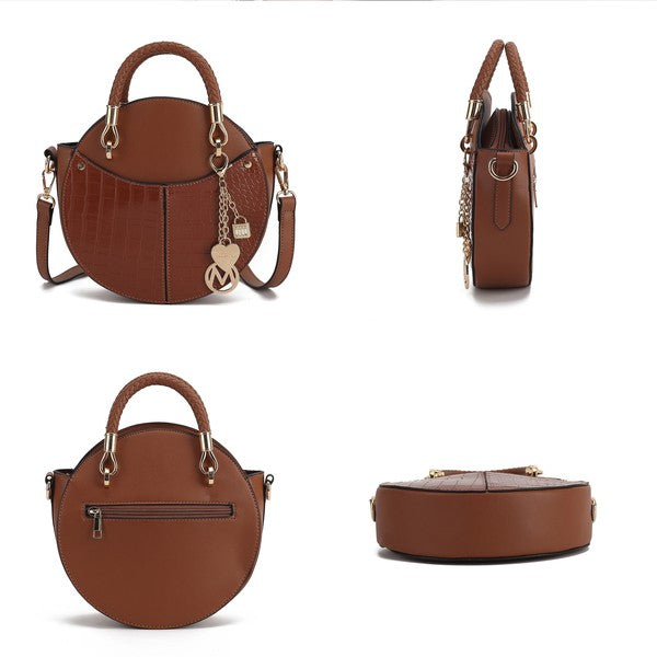 Collage showing front, side, back, and bottom views of the cognac Nobella Croco Crossbody MKF Collection by Mia K.