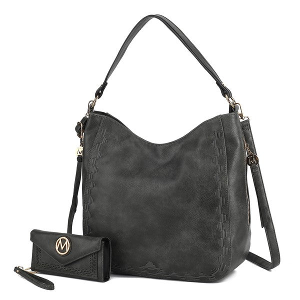 Charcoal MKF Lucille shoulder bag & wallet set with adjustable strap.
