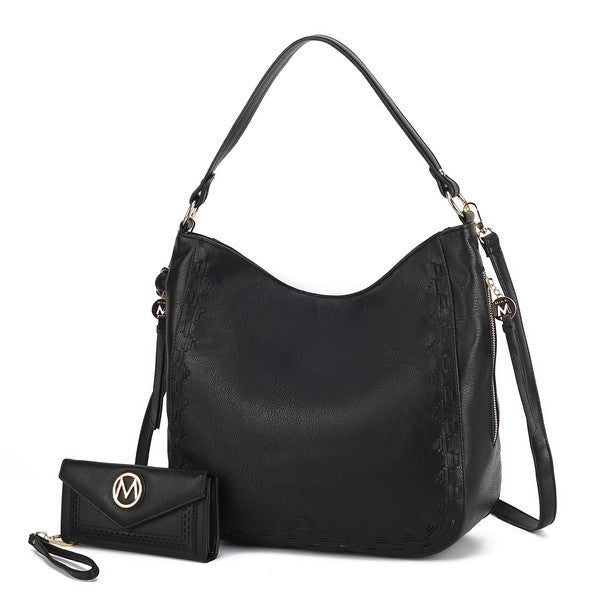 Black MKF Lucille 2-piece handbag set, gold-tone hardware, spacious pockets.