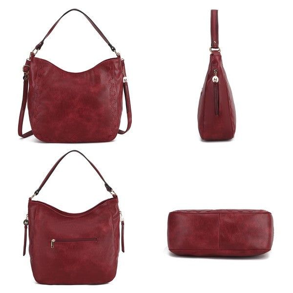 Collage of red MKF Lucille shoulder bag showing front, back, side, and bottom views.