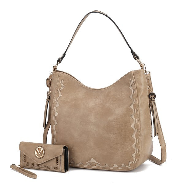 Apricot MKF Lucille shoulder bag & wallet set, vegan leather with gold-tone accents.