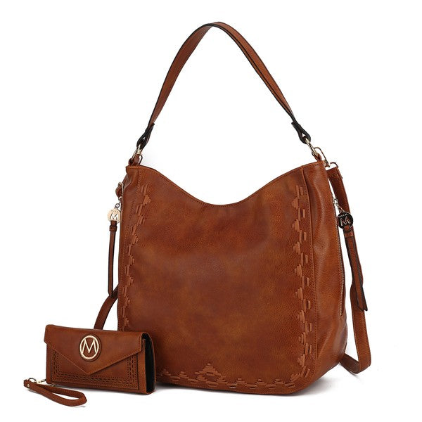 Cognac MKF Lucille vegan leather handbag and wallet set, gold hardware.