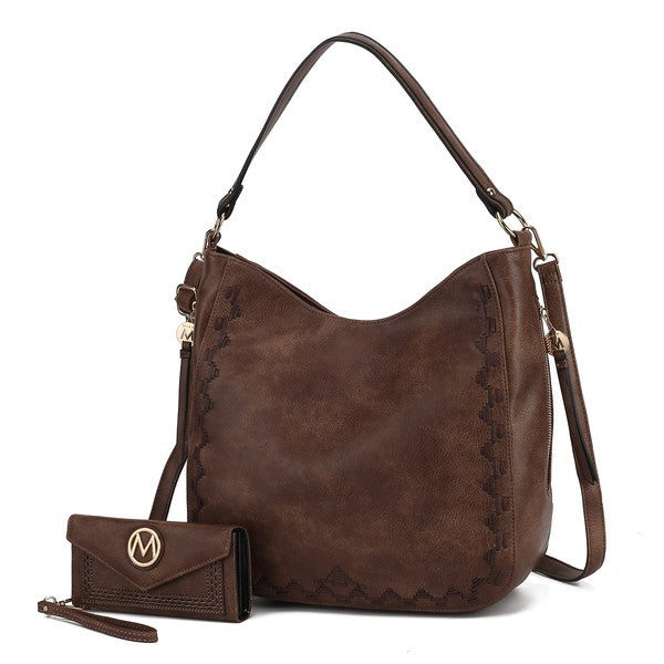 Khaki MKF Lucille handbag set with matching wallet, adjustable strap.