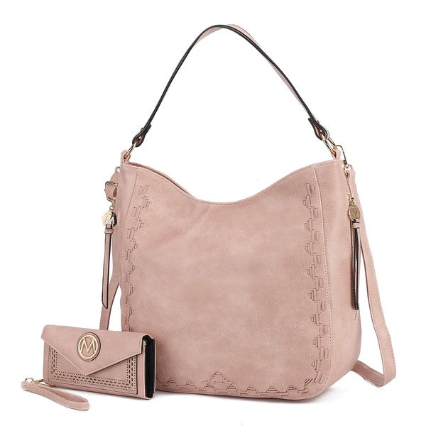 Pink MKF Lucille vegan leather shoulder bag and wallet set, gold accents.