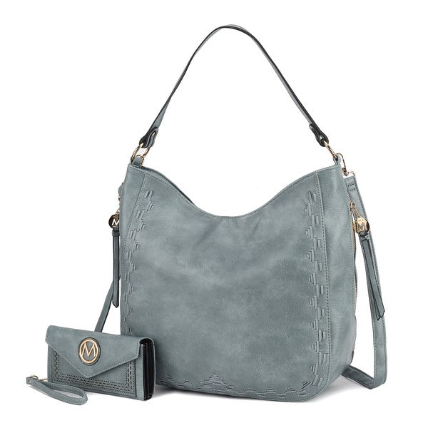 Denim blue MKF Lucille shoulder bag & wallet set, functional and stylish.