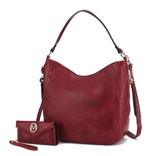 Red MKF Lucille handbag set with matching wallet, gold-tone hardware detail.