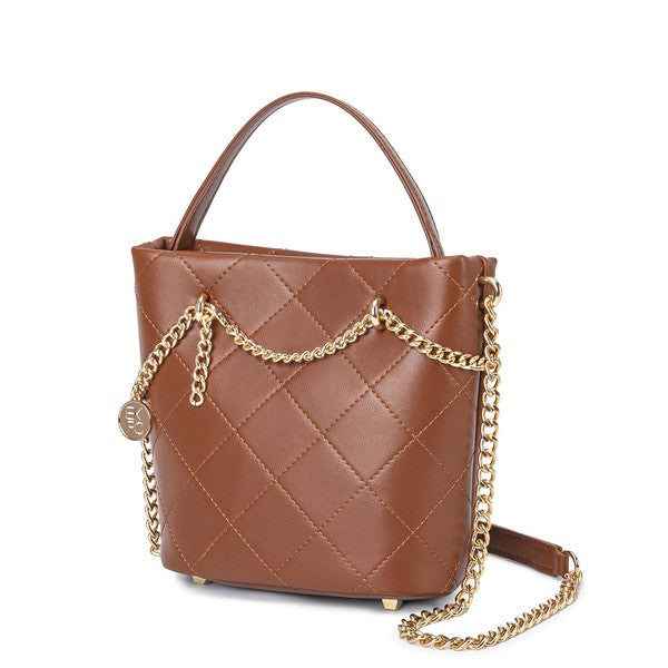 Brown MKF Damaris Crossbody Bag, quilted texture, gold hardware, convertible chain strap.