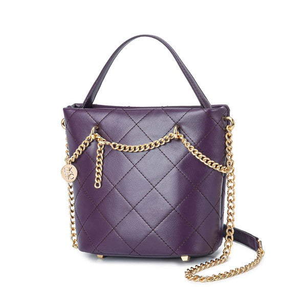 Purple MKF Damaris Crossbody Bag with quilted texture, gold hardware, and detachable strap.