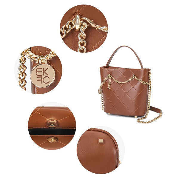Close-up collage of brown MKF Damaris Crossbody Bag’s quilted texture, gold hardware, and strap details.