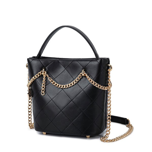 Black MKF Damaris Crossbody Bag, quilted finish, gold-tone hardware, detachable chain strap.